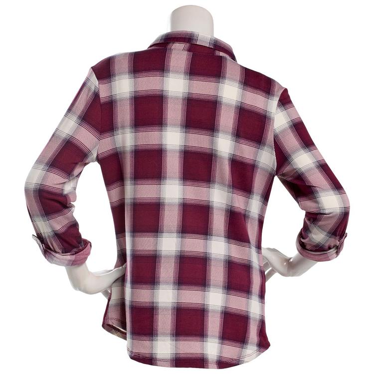 Juniors No Comment Plaid Fleece Roll Tab Sleeve Flannel - Maroon