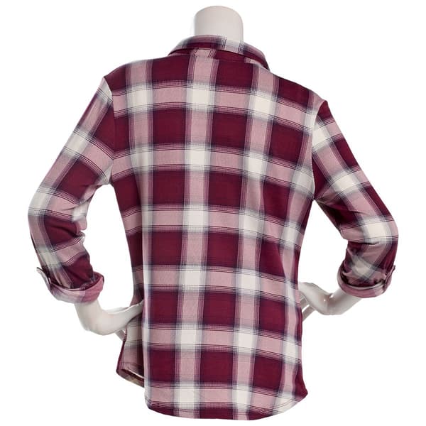 Juniors No Comment Plaid Fleece Roll Tab Sleeve Flannel - Maroon