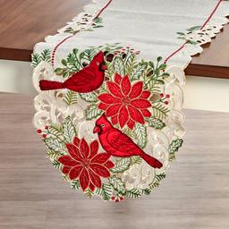 Willow & Hem Poinsettia & Cardinals Cutwork Table Runner -14x72