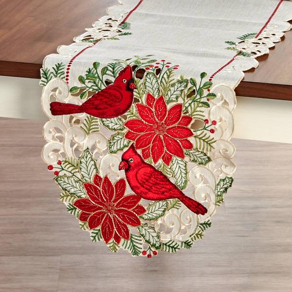 Willow & Hem Poinsettia & Cardinals Cutwork Table Runner -14x72 - image 