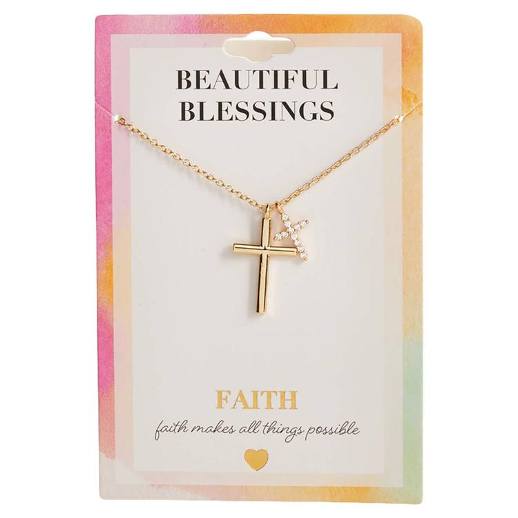 Beautiful Blessings Gold-Tone CZ Double Cross Necklace