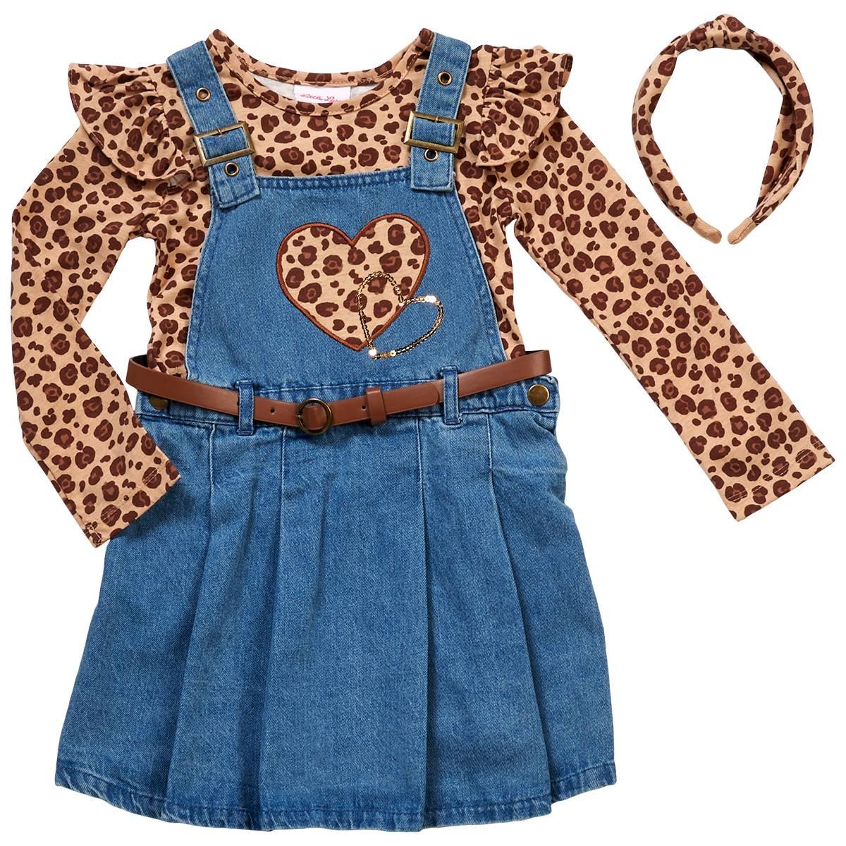 Girls (4-6x) Little Lass® 2pc. Leopard Top & Heart Denim Jumper