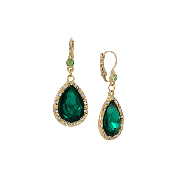 1928 Gold-Tone Green Teardrop Leverback Earring - image 