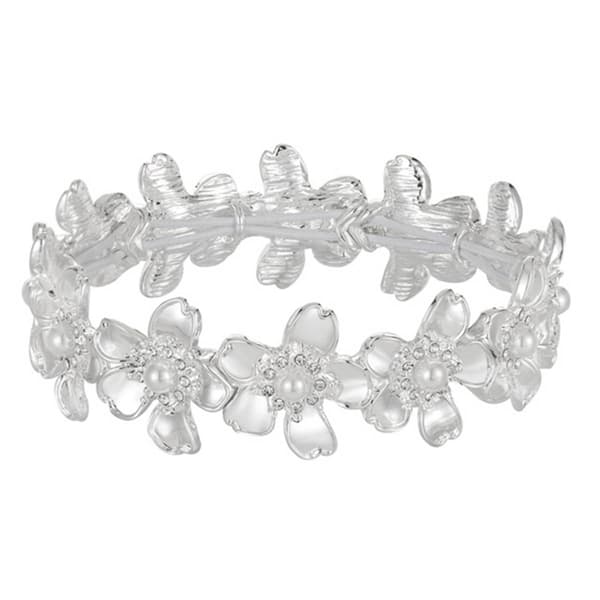 Gloria Vanderbilt Pearl & Crystal Flower Stretch Bracelet - image 