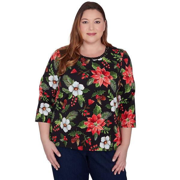 Plus Size Alfred Dunner Classics Poinsettias Holiday Tee - image 