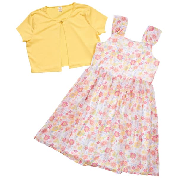 Girls (7-16) Sweet Butterfly Floral Dress with Cardigan