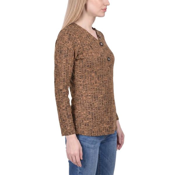 Petite NY Collection Long Sleeve Ribbed Hacci Henley Top