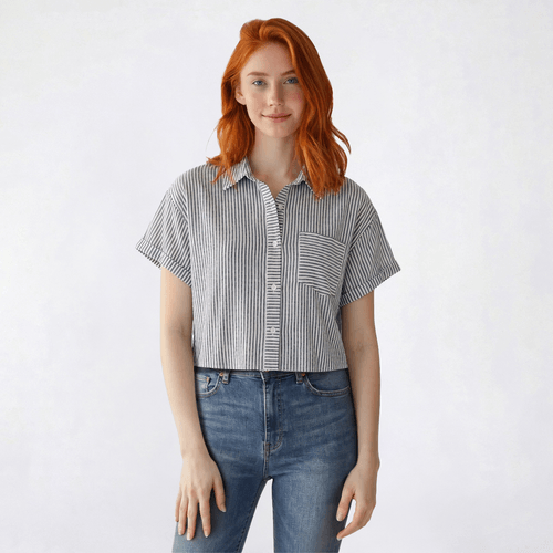 Juniors A. Byer Pin Stripe Short Sleeve Boxy Button Front Top - image 