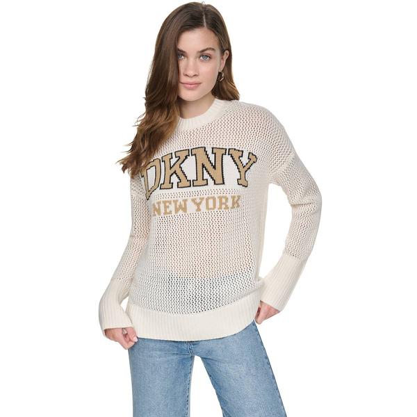 Womens DKNY Jeans Logo Long Sleeve High Low Open Stitch Crew Nec