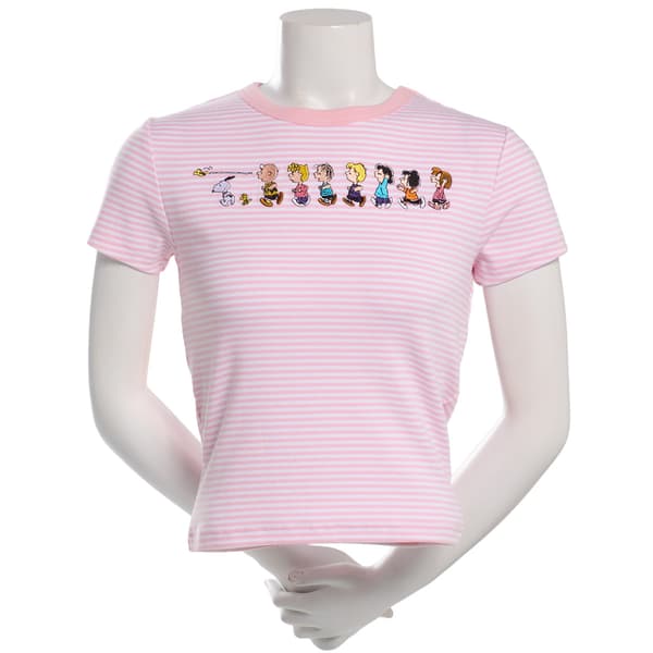 Juniors C-Life Embroidered Peanuts™ Striped Ringer Baby Tee
