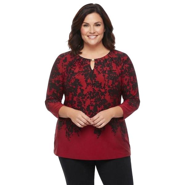 Plus Size Kasper 3/4 Sleeve Hardware Leaf Keyhole Blouse