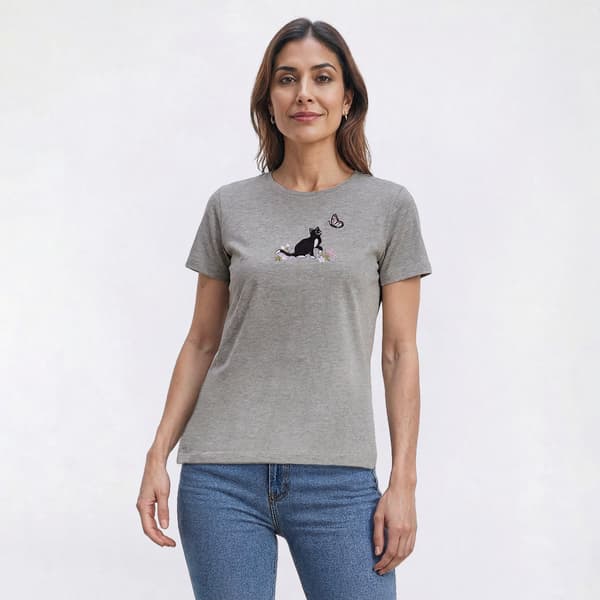 Womens Madison Taylor Cat & Butterfly Embroidered Tee - image 