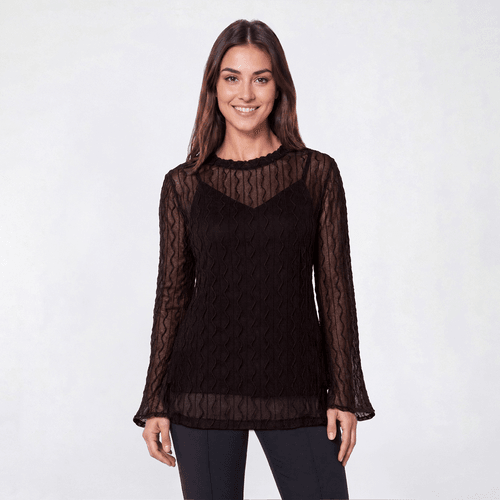 Womens Fair Haven Long Sleeve Solid Textured Mesh Blouse - image 