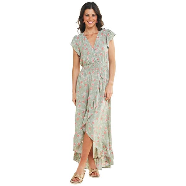 Womens Luxology Short Sleeve Ruffle Trim Challis High Low Dress