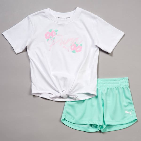 Girls (4-6x) Puma(R) Floral Logo Tie Front Tee & Mesh Short Set