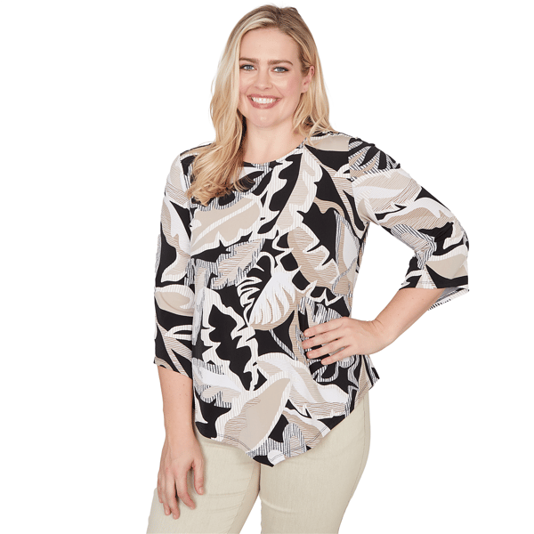 Petite Alfred Dunner Detail Driven 3/4 Sleeve Palm Leaf Blouse