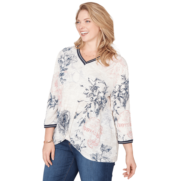 Plus Size Ruby Rd. Jetsetter Floral Stamp Front Knot Blouse