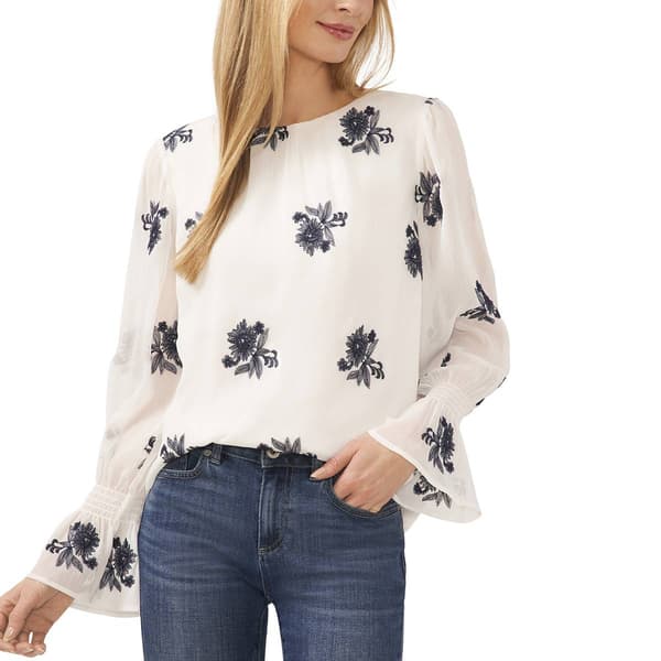 Womens Cece Long Sleeve Smocked Cuff Placed Black Flower Blouse - image 
