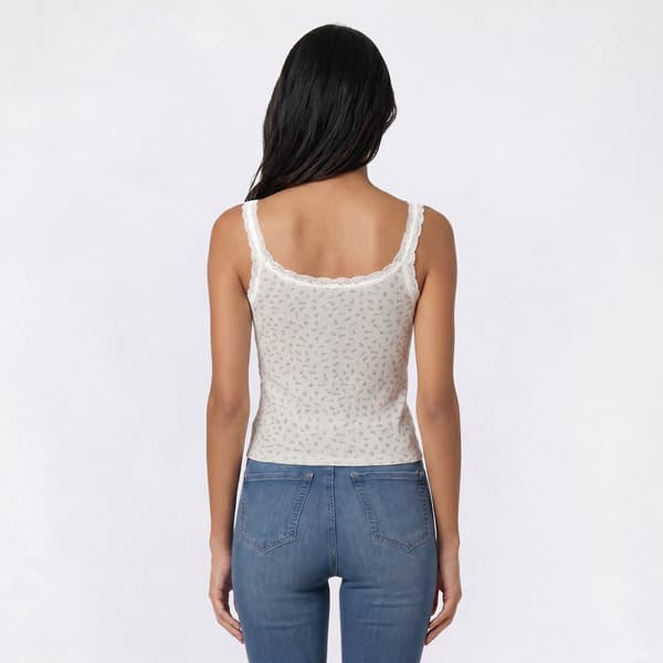 Juniors Pink Rose Floral Thermal Lace Trim Henley Tank Top - image 