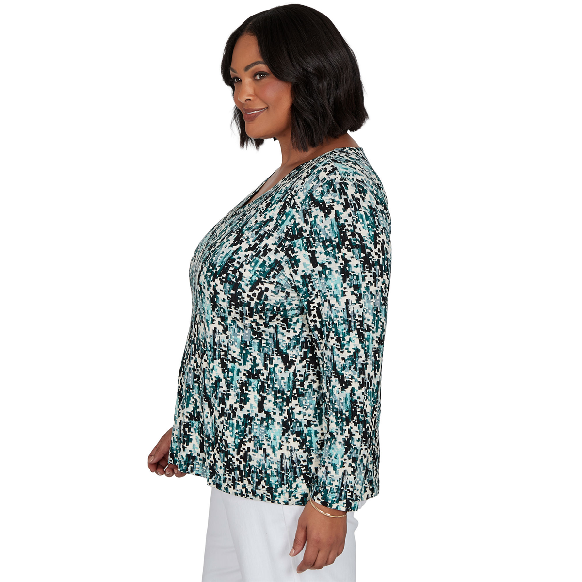 Plus Size Emaline Key Items Long Sleeve V-Neck Abstract Blouse