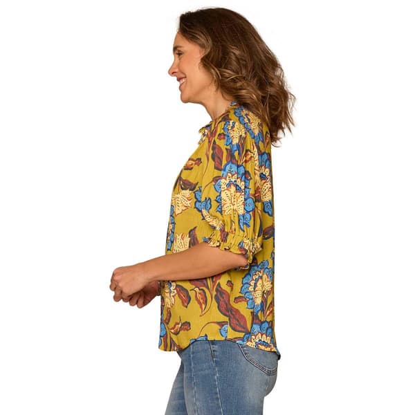 Womens Democracy Ruffle Cuff Sleeve Floral Button Down Blouse