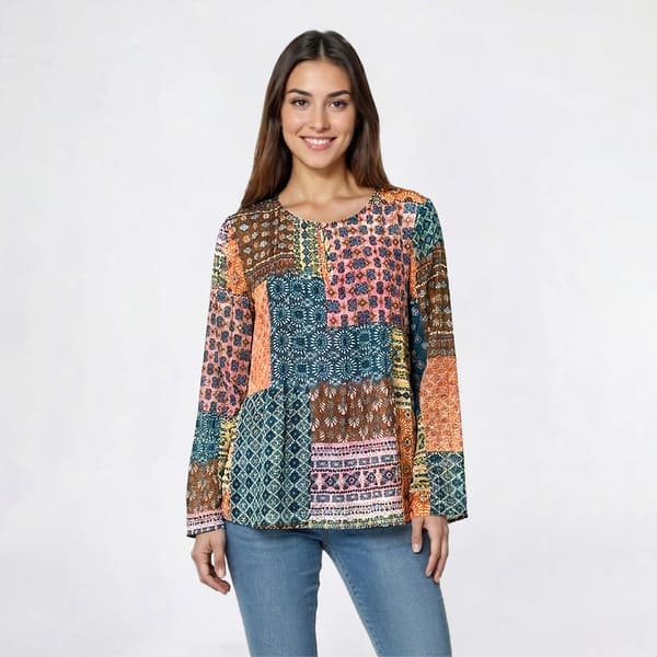 Womens Nicole Miller Long Sleeve Patchwork Abbie Blouse - image 