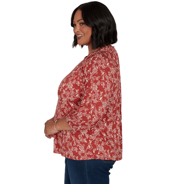 Plus Size Ruby Rd. Romance On The Ranch Ruffle Neck Floral Blouse
