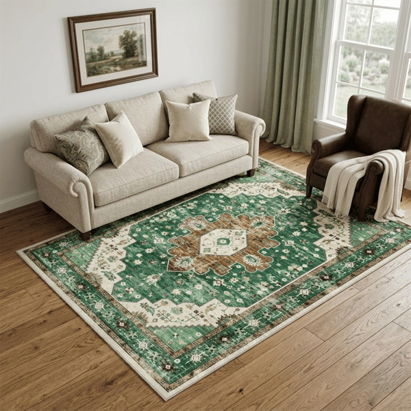 HomeRoots Green Brown & Ivory Medallion Distressed Area Rug