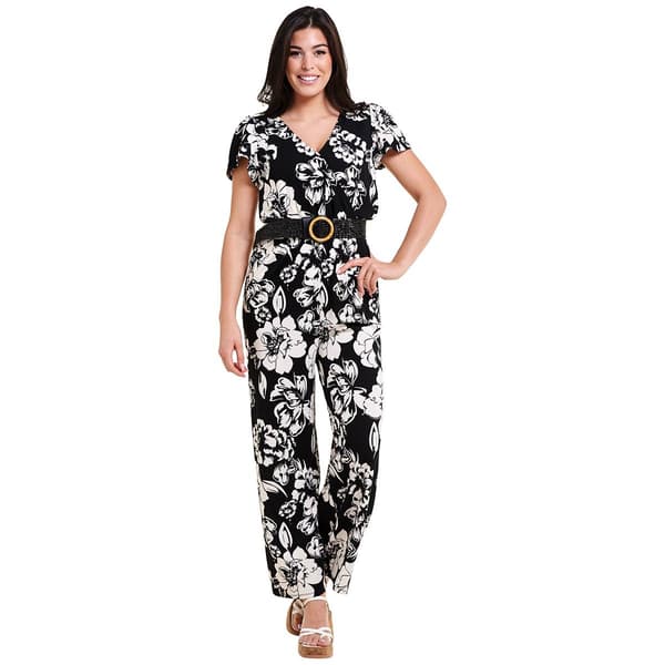 Womens Absolutely Famous Short Sleeve Belted Floral Jumpsuit