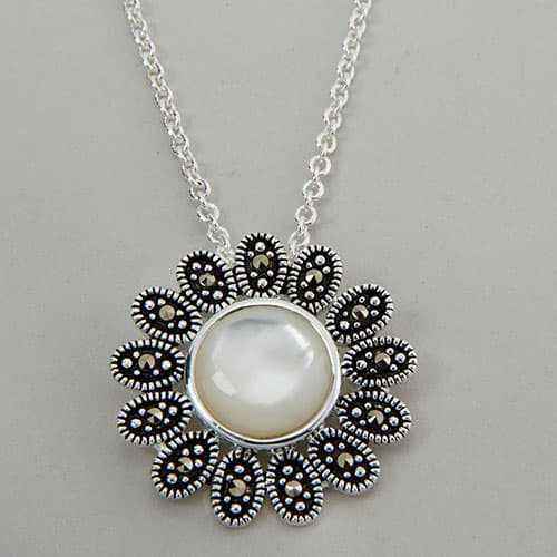 Marsala Silver Plate Marcasite Flower Pendant - image 