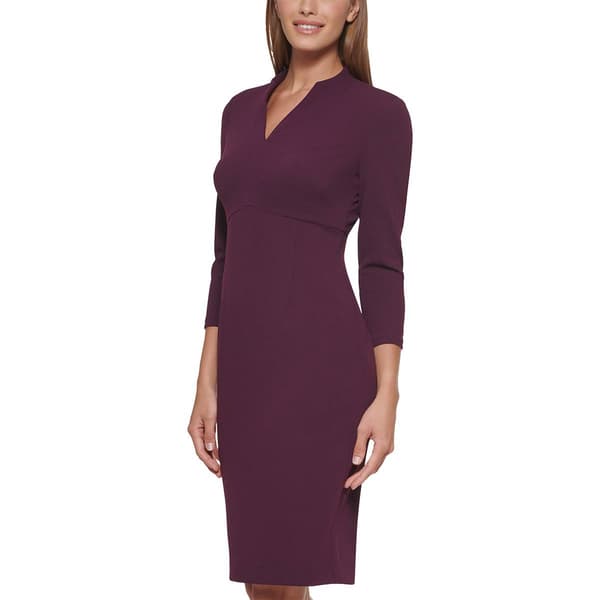 Womens Calvin Klein 3/4 Sleeve Split Neck Crepe Sheath Dress