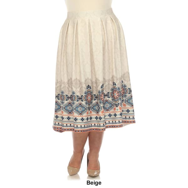Plus Size White Mark Pleated Skirt with Border Prints
