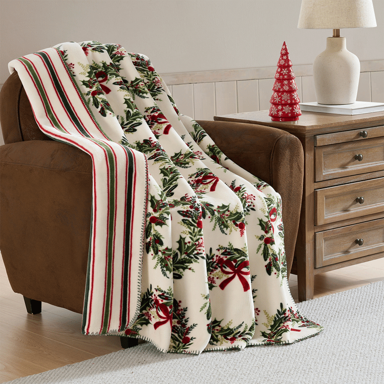 Hallmark Wreath Reversible Plush Holiday Throw Blanket