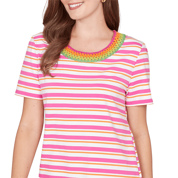 Petite Ruby Rd. Hothouse Florals Crochet Neck Stripe Knit