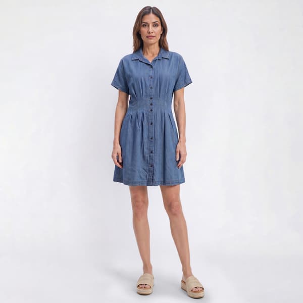 Womens beachlunchlounge Short Sleeve Pleated Denim Shirtdress