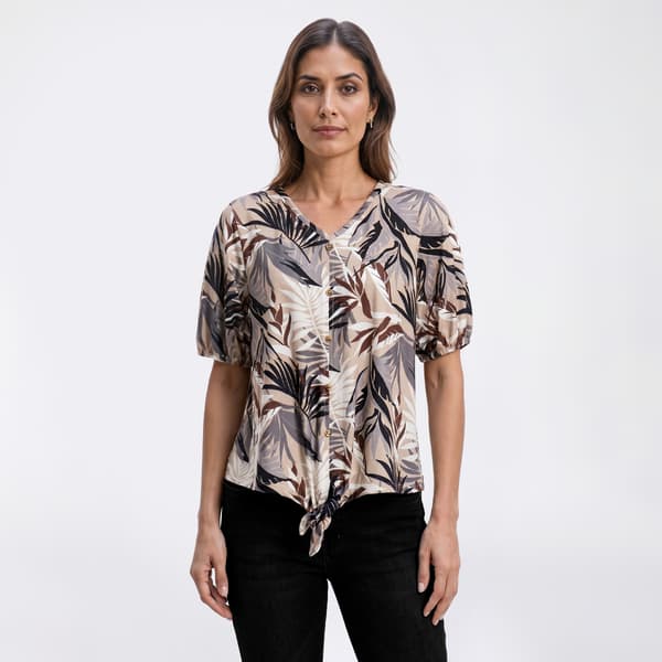Petite Emily Daniels Elbow Sleeve Tropical Tie Front Blouse - image 