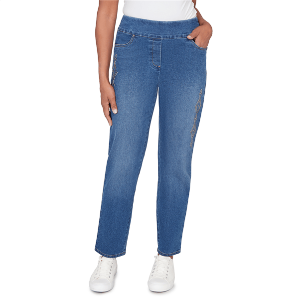 Petite Alfred Dunner Austin Geometric Stud Pull-On Denim Pants - image 