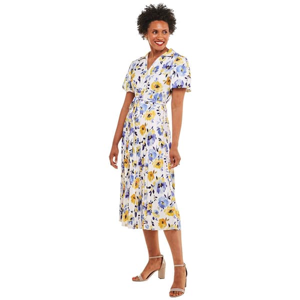 Womens Sharagano Puff Sleeve Floral Pleated Midi Dress