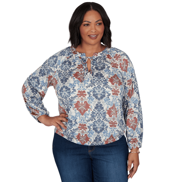 Plus Size Skyes the Limit Urban Heirloom Tie Neck Damask Blouse