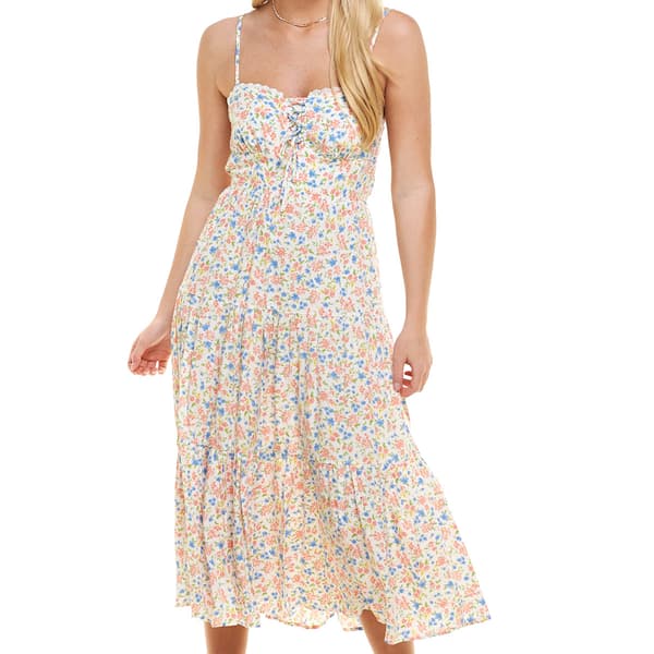Juniors Self Esteem Ditsy Challis Laceup Midi Dress