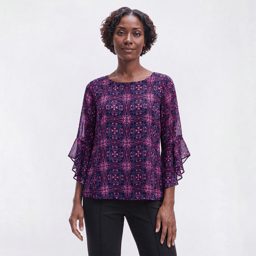 Womens Kasper 3/4 Ruffle Sleeve Abstract Back Keyhole Neck Blouse