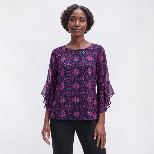 Womens Kasper 3/4 Ruffle Sleeve Abstract Back Keyhole Neck Blouse - image 