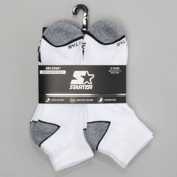 Mens Starter 6 Pk Heel & Toe Stripes Quarter Socks - White - image 