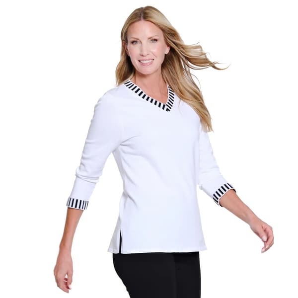 Womens Multiples 3/4 Sleeve Stripe Trim V Neck Sweater