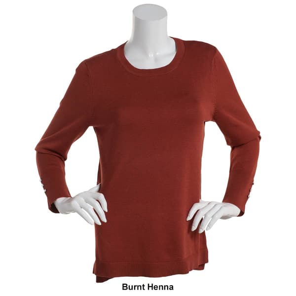 Womens Retrology Crew Neck Button Sleeve Side Slit Sweater