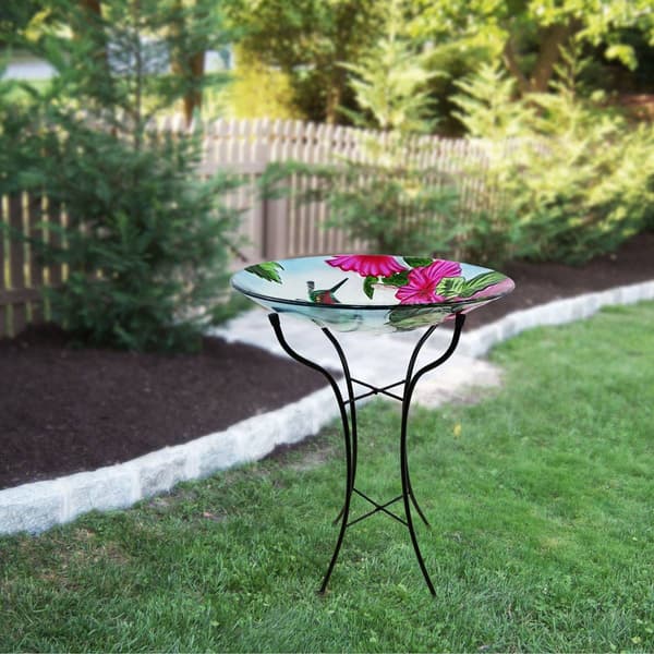 Alpine 18" Flowers & Hummingbird Glass Birdbath w/ Metal Stand