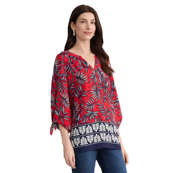 Womens Jones New York 3/4 Tie Sleeve Split Neck Leaf Blouse