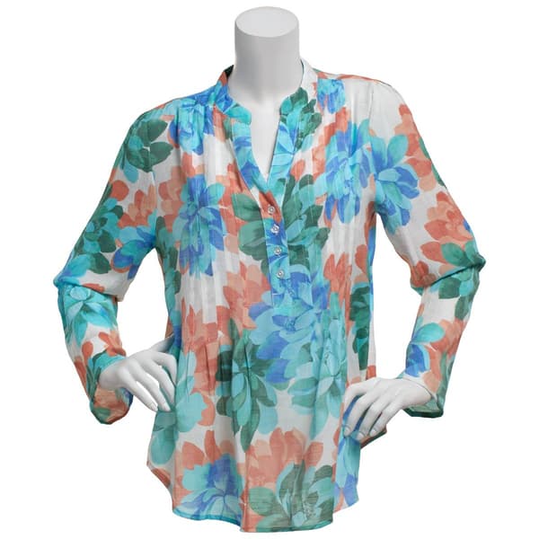 Plus Size Zac & Rachel 3/4 Sleeve Floral Split Neck Blouse - image 