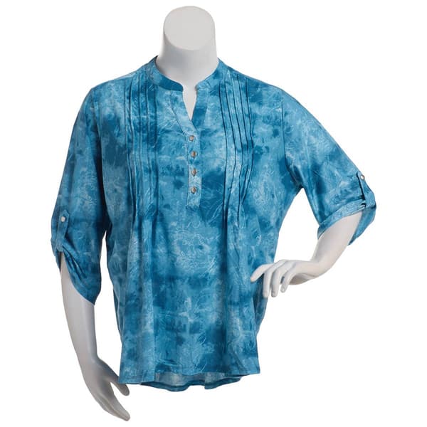 Plus Size Notations 3/4 Tab Sleeve Tie Dye Jacquard Henley Blouse