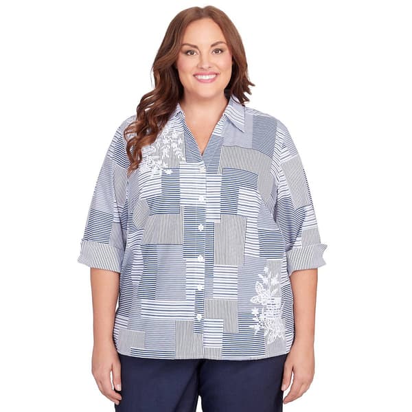 Plus Size Alfred Dunner A Fresh Start Stripe Patch Button Down - Boscov's